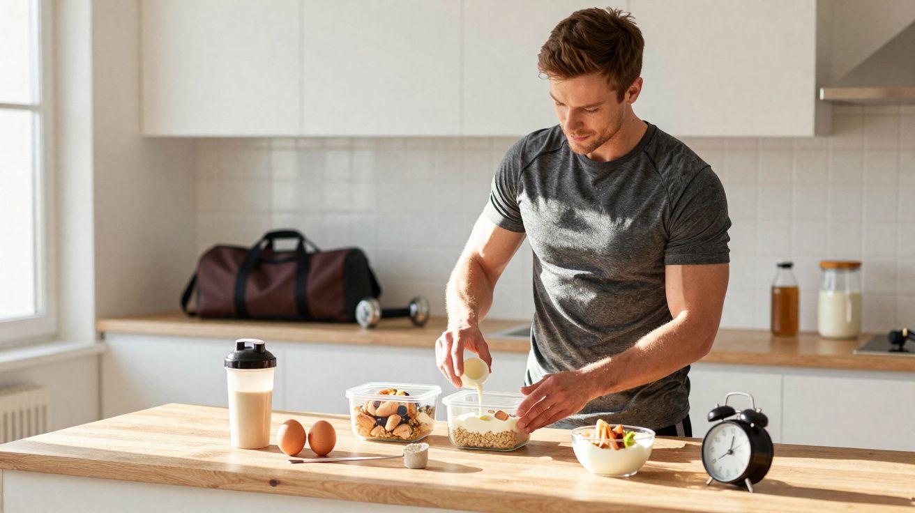 Homem na cozinha quebrando ovo em recipiente com alimentos saudáveis em mesa de madeira.