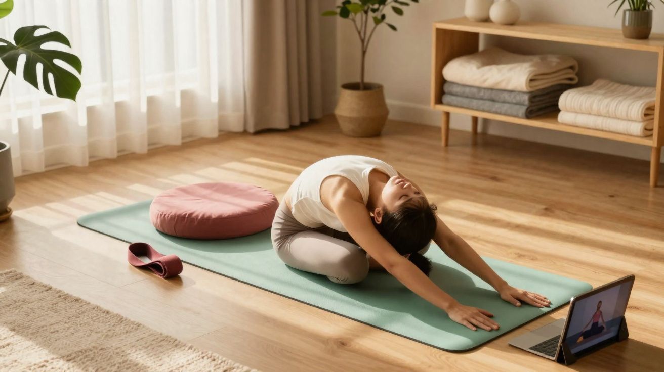 Mulher praticando yoga em estúdio de casa com tapete, almofada e vídeo no tablet.