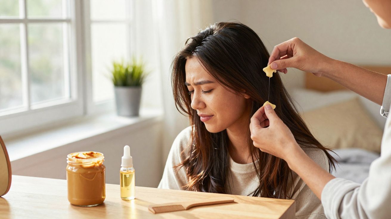 Mulher incomodada com depilação com cera nas sobrancelhas feita por outra pessoa.