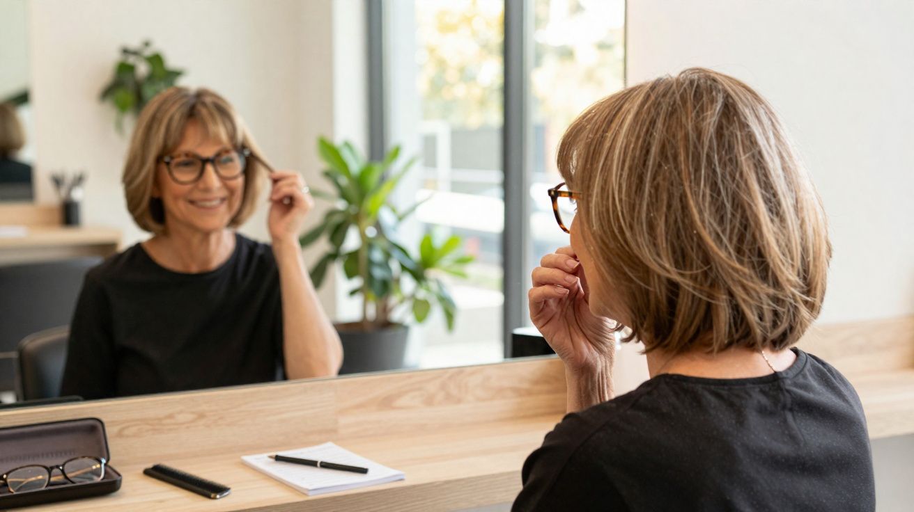 Mulher madura com óculos sorrindo ao se olhar no espelho em ambiente iluminado com plantas ao fundo.