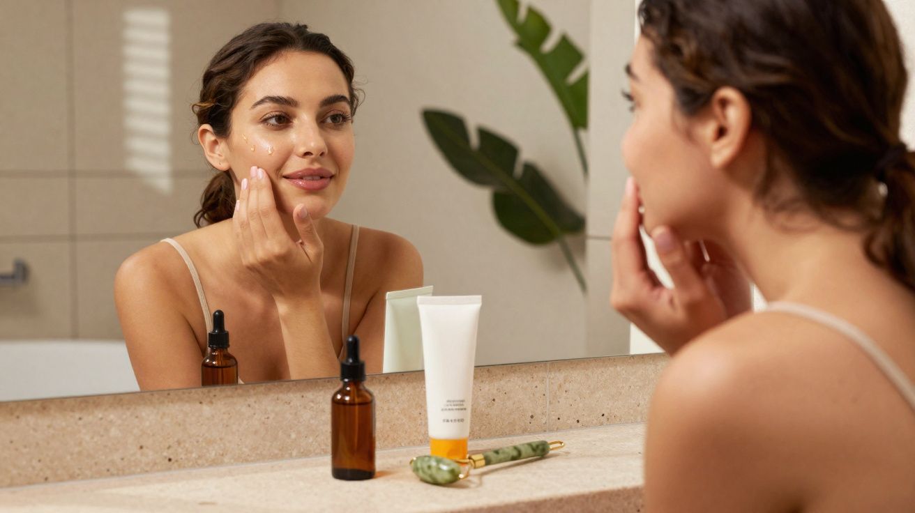 Mulher aplicando creme facial em frente ao espelho no banheiro com frascos de cosméticos na pia.