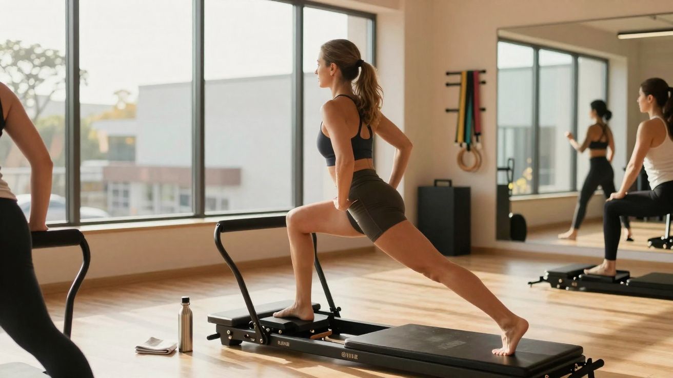 Mulher fazendo exercício de alongamento em aparelho de pilates em estúdio com espelho e janela grande.