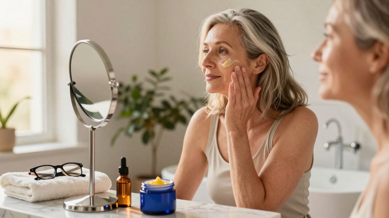 Mulher madura aplicando creme facial sentada em frente a espelho em bancada de banheiro.