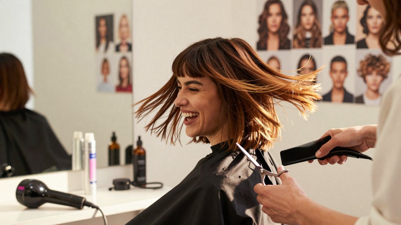Mulher sorridente recebendo corte de cabelo em salão, com cabelo curto e movimento nas pontas.