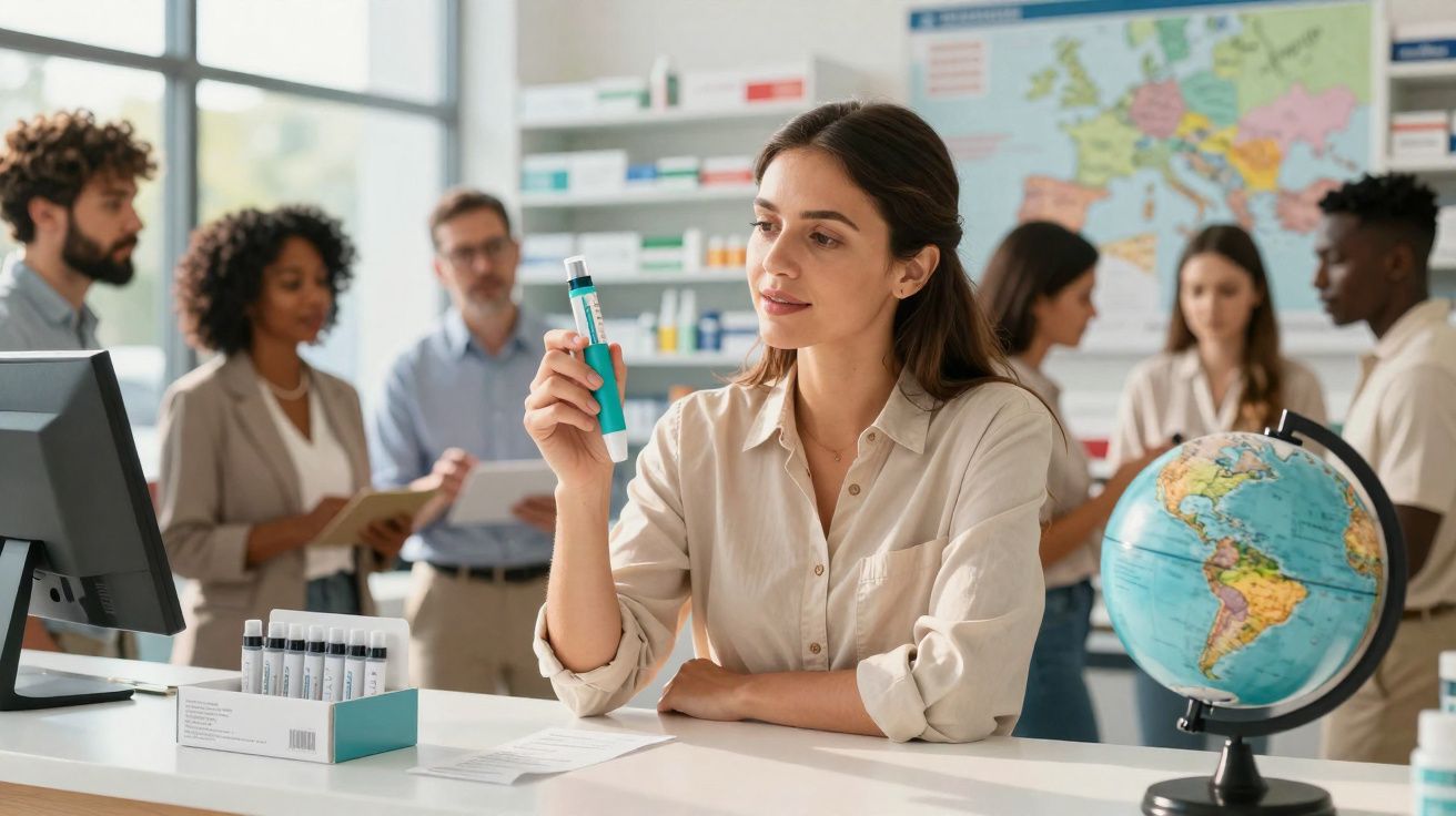 Mulher segurando remédio inalador em farmácia com grupo de pessoas e globo terrestre ao fundo.