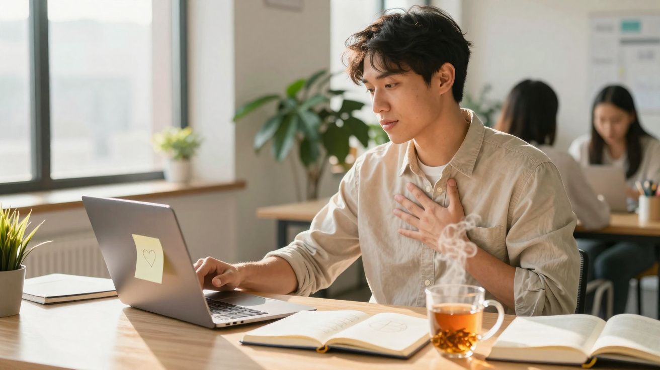 Jovem trabalhando em laptop com mão no peito e chá quente em mesa de madeira iluminada pela janela.