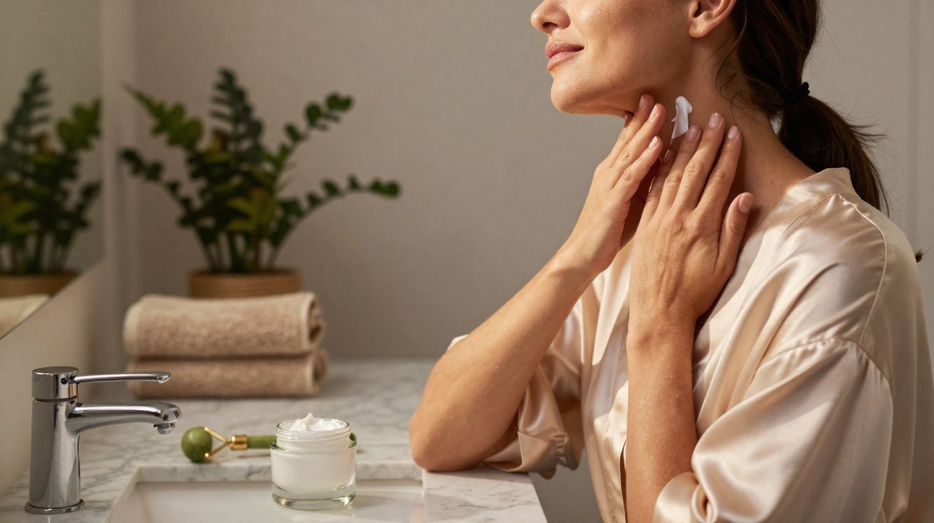 Mulher aplicando creme hidratante no pescoço em banheiro com toalhas e plantas ao fundo.