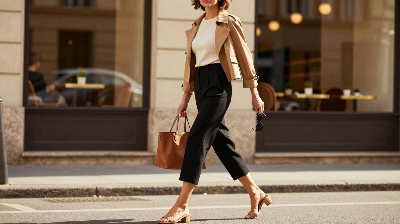 Mulher caminhando na rua com calça preta, camiseta branca, jaqueta bege, sandálias e bolsa marrom.