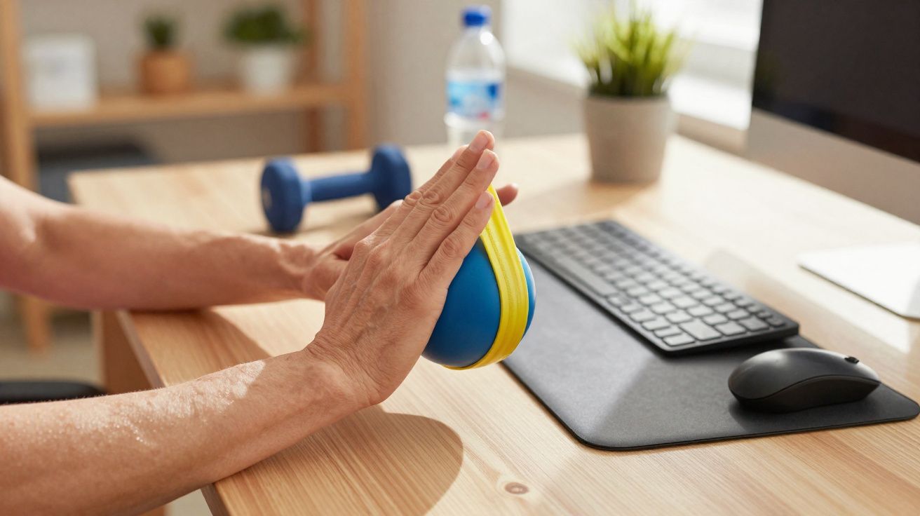 Pessoa usando bola de pilates azul com elástico amarelo para exercício ao lado de teclado e mouse no escritório.