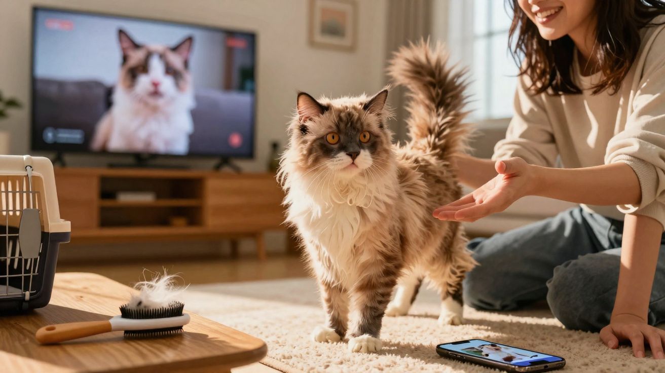 Gato de pelo longo sendo apresentado por mulher sorridente em sala com televisão exibindo imagem do mesmo gato.