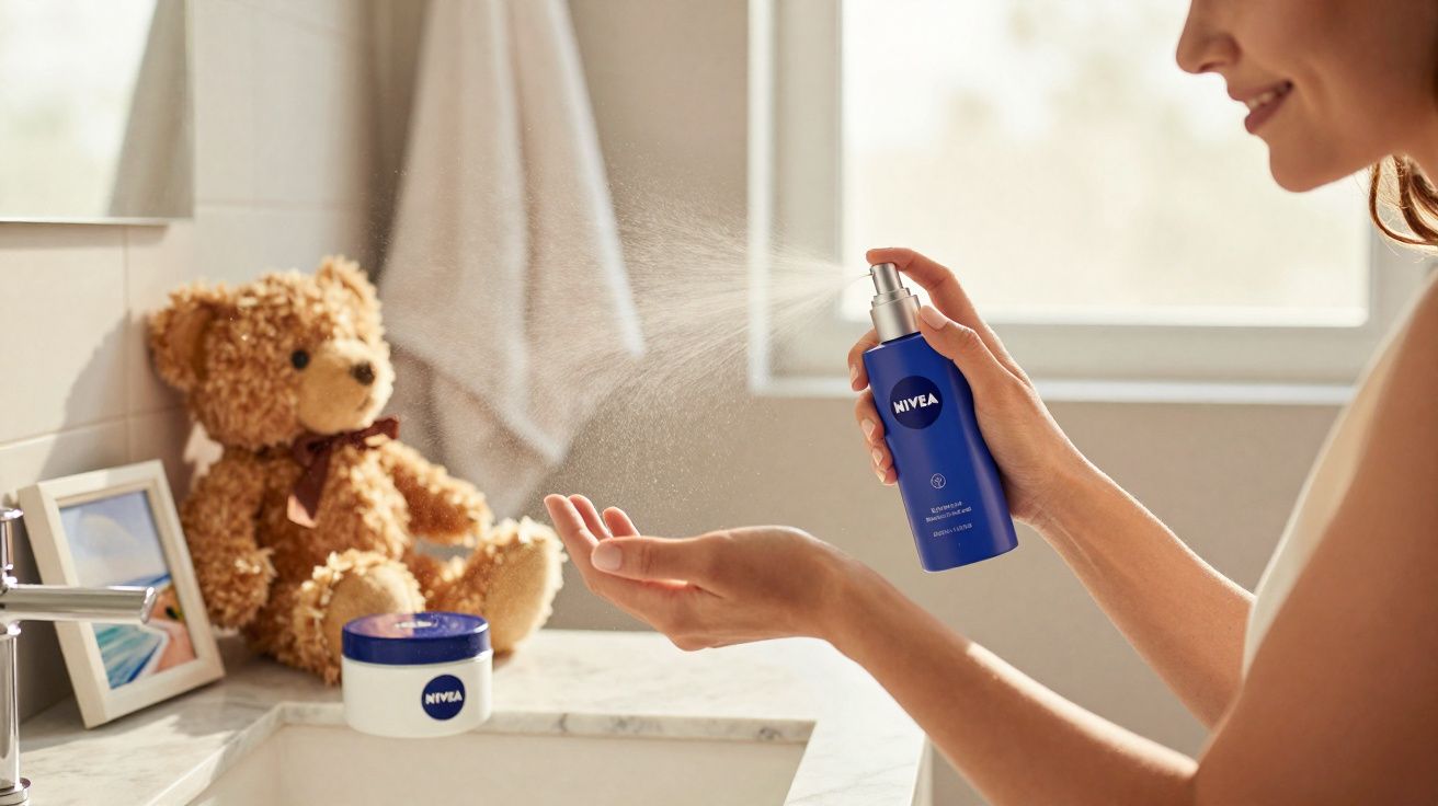 Mulher aplicando spray hidratante Nivea nas mãos em banheiro com ursinho de pelúcia ao fundo.