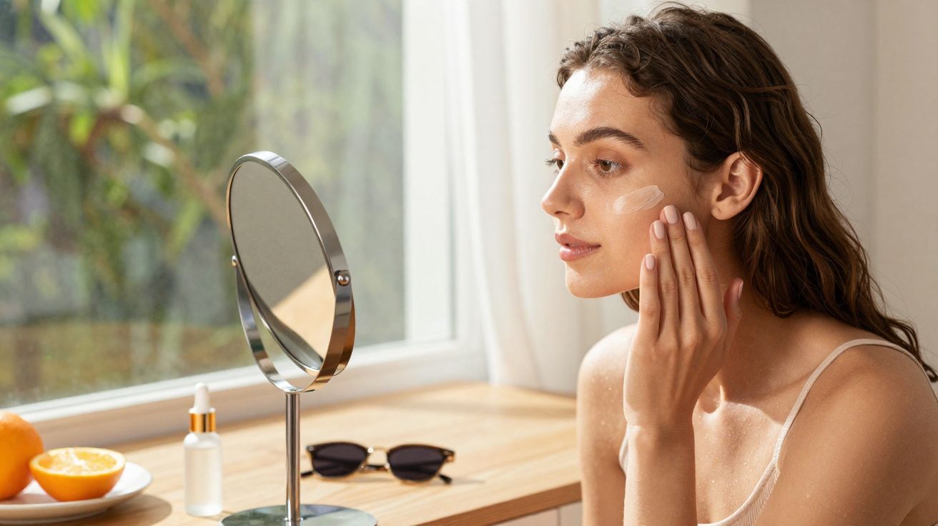 Mulher aplicando creme no rosto em frente a espelho perto de janela com frutas e óculos sobre a mesa.