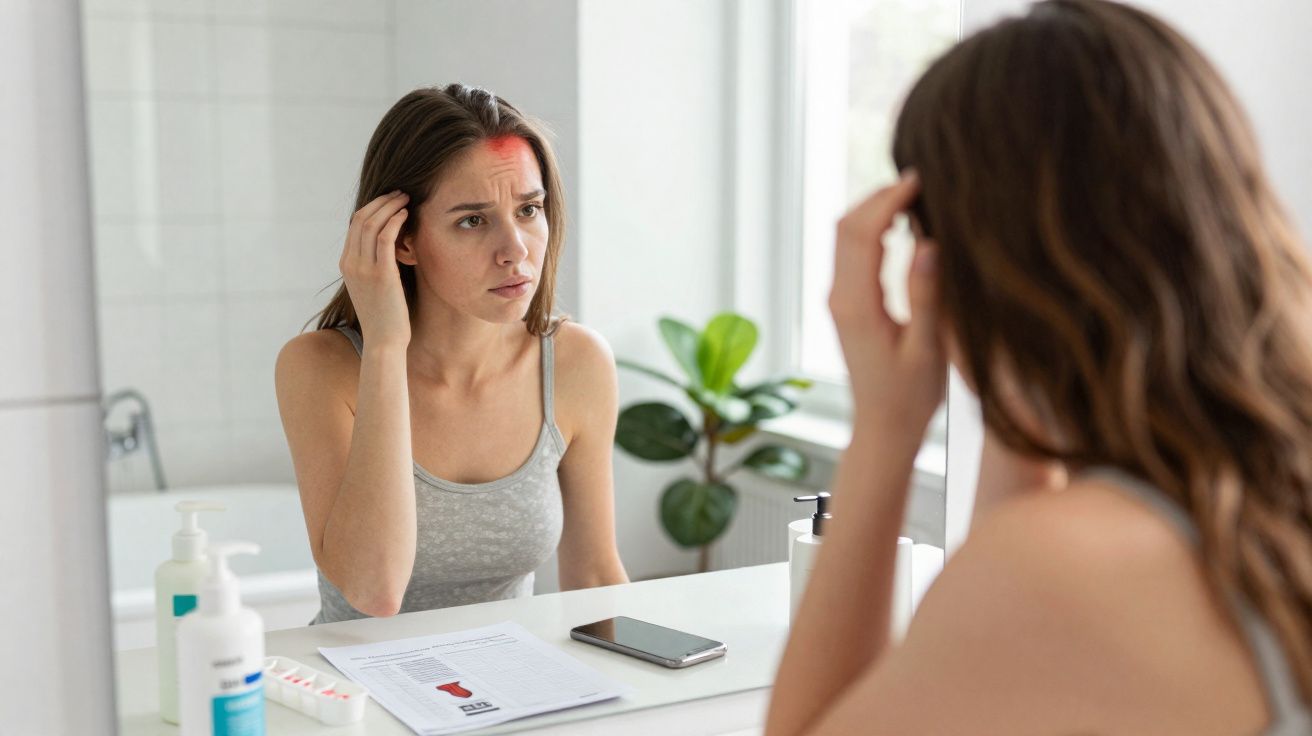 Mulher olhando espelho com expressão preocupada e mão na testa com vermelhidão no rosto.