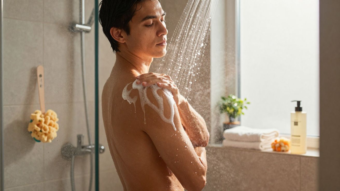 Homem tomando banho, aplicando sabonete no ombro em banheiro iluminado por luz natural.