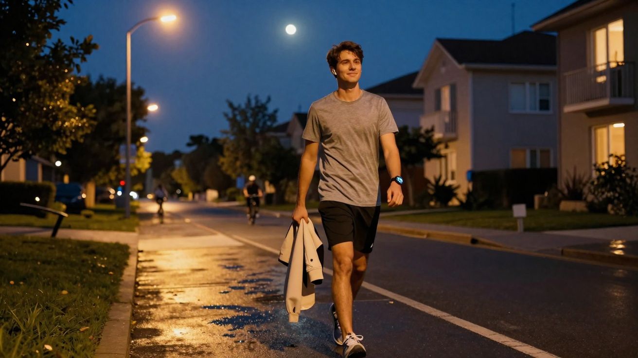 Jovem caminhando à noite em rua residencial iluminada pelo luar e postes de luz.