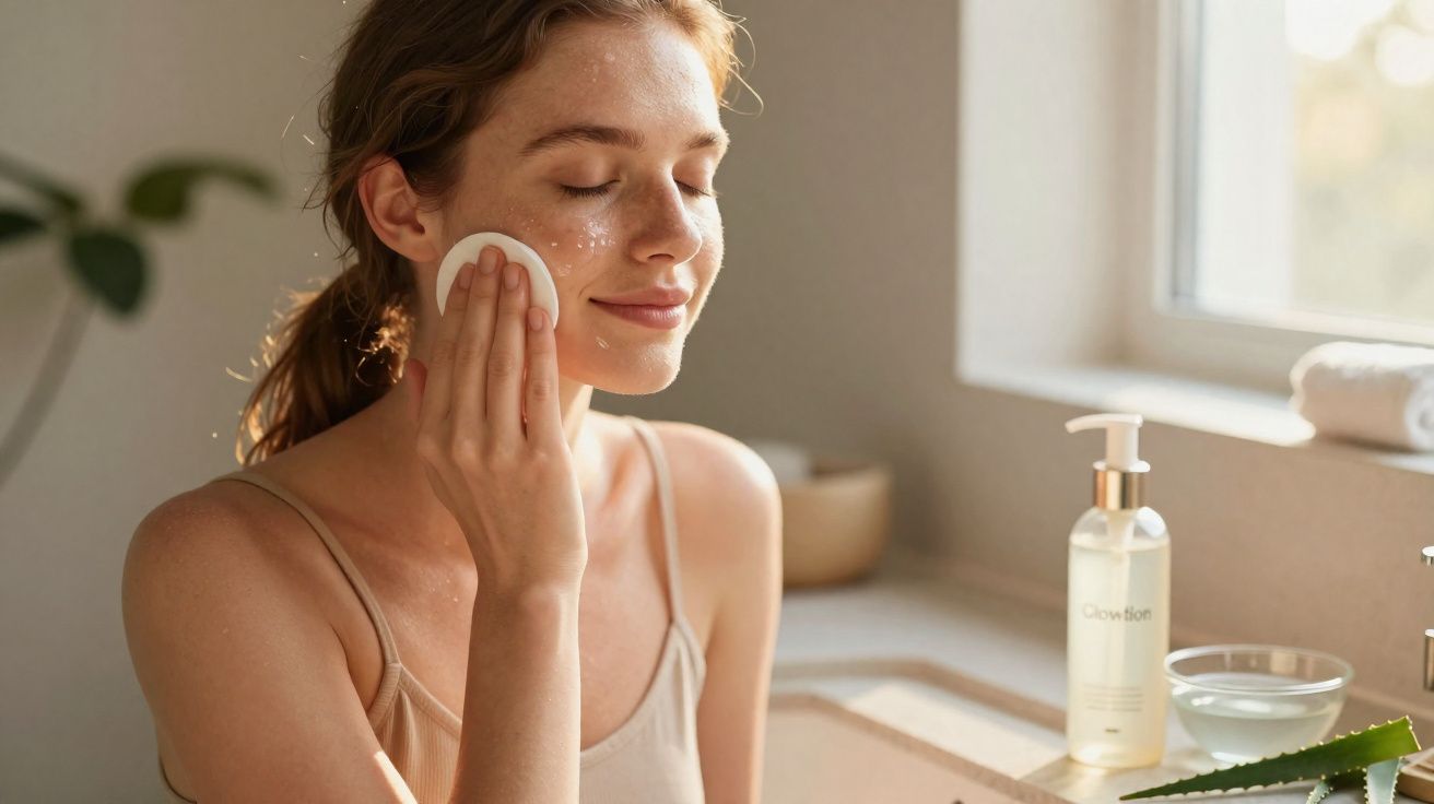 Mulher aplicando produto facial com disco de algodão em ambiente iluminado natural.