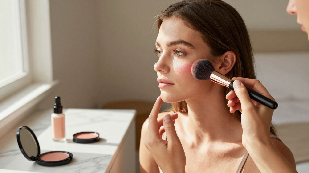 Mulher recebendo maquiagem com pincel aplicando blush nas bochechas em ambiente iluminado.