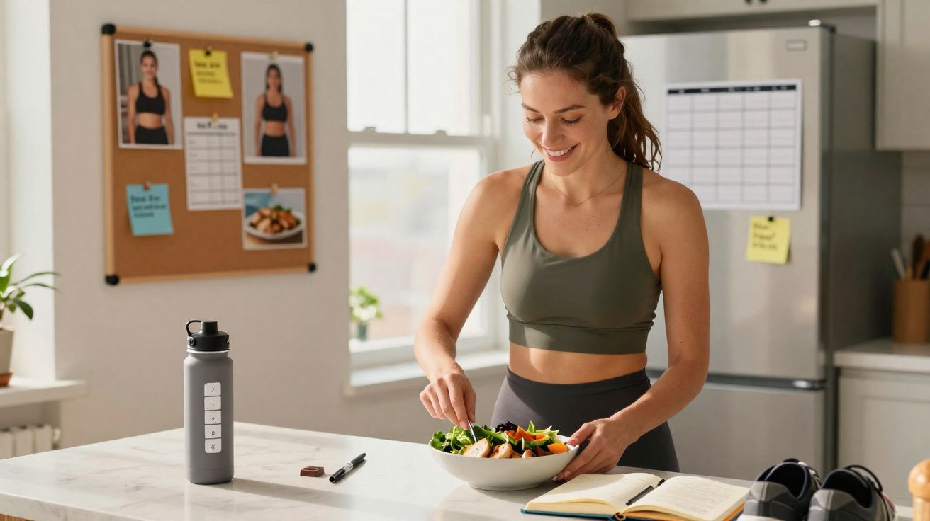 Mulher sorrindo prepara salada em cozinha iluminada, ao lado de garrafa, caderno e tênis.
