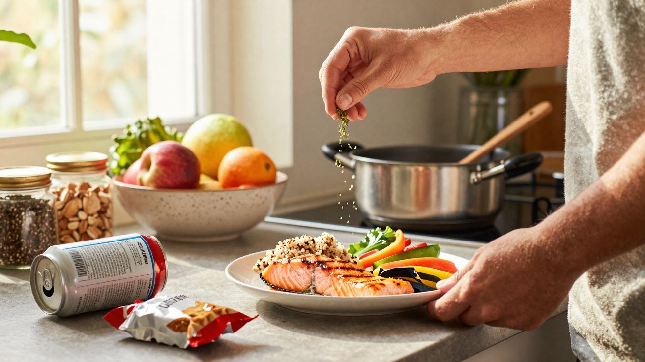 Pessoa temperando salmão grelhado com legumes em prato na cozinha, ao lado de frutas e alimentos na bancada.