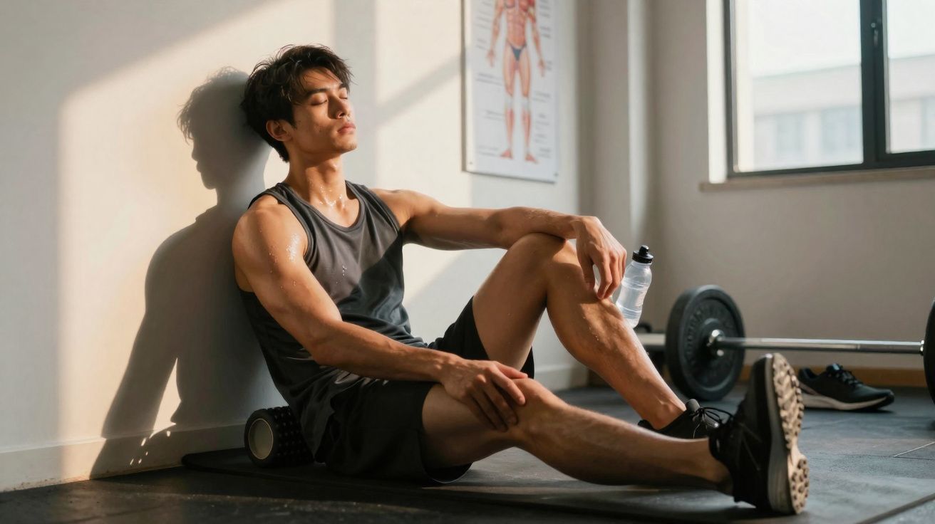 Homem suado sentado no chão da academia, descansando com olhos fechados e garrafa de água na mão.