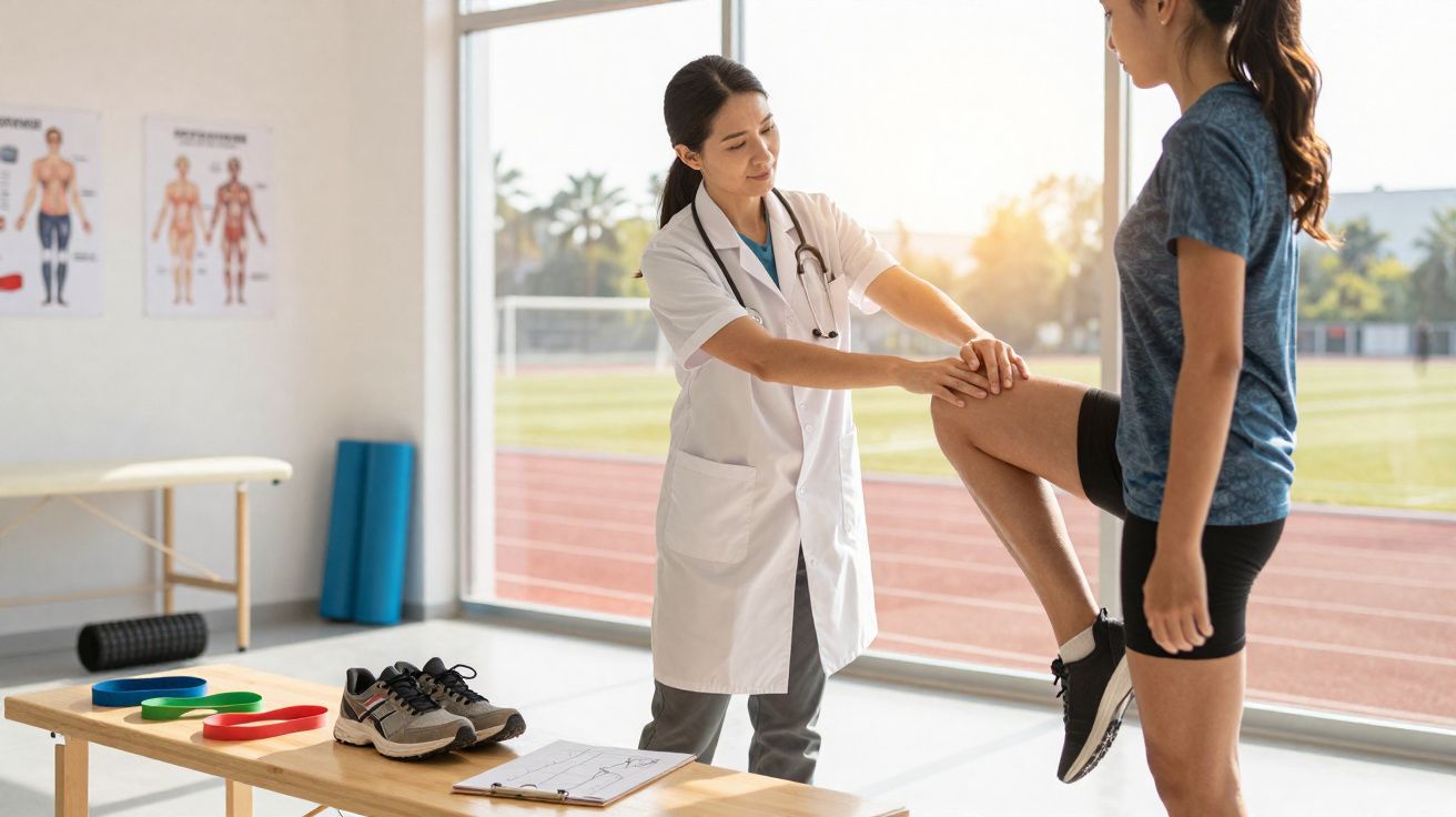 Fisioterapeuta avaliando o joelho de uma paciente em clínica com janela para área externa.