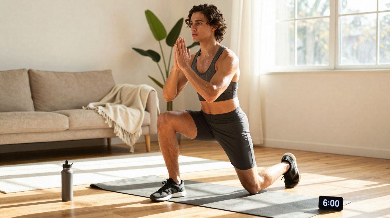Jovem fazendo exercício de afundo em tapete na sala iluminada, próximo a garrafa de água e relógio digital.