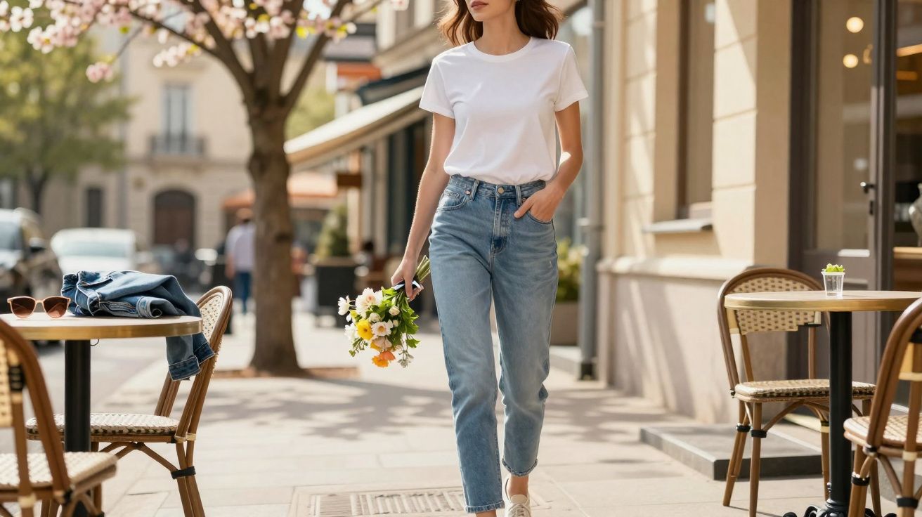 Mulher caminhando na calçada de rua com buquê de flores, vestindo camiseta branca e jeans azul.
