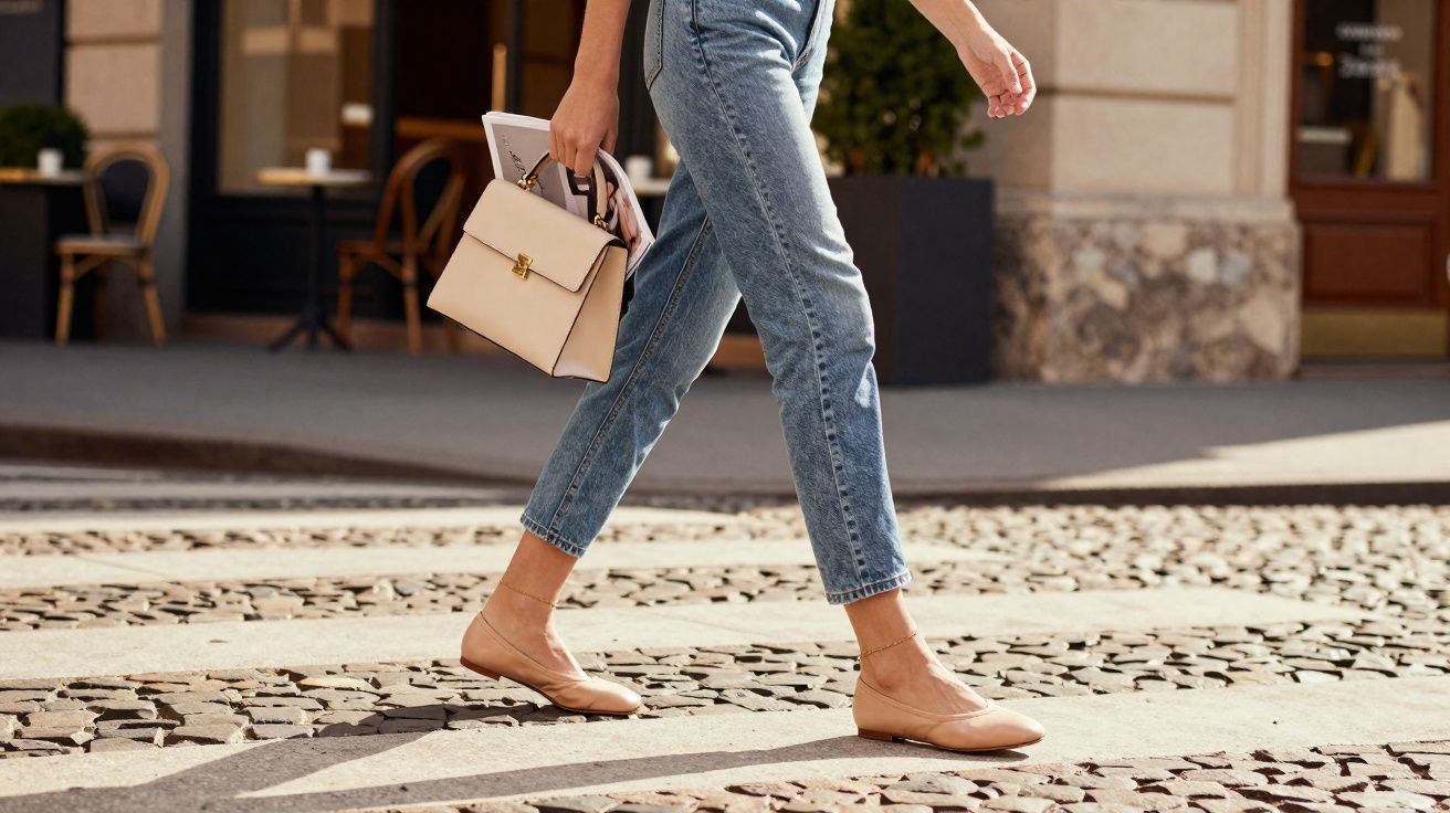 Pessoa caminhando em rua de paralelepípedo, usando calça jeans, sapatos nude e segurando bolsa bege.
