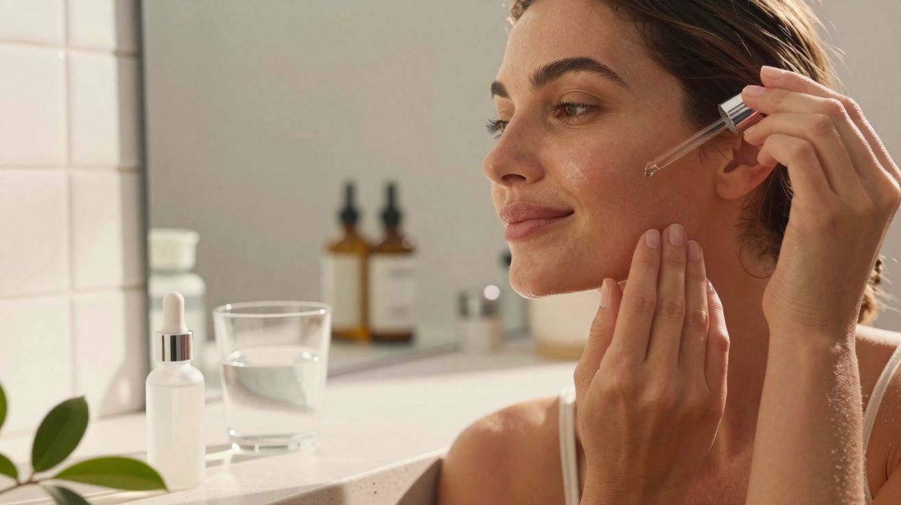 Mulher aplicando sérum facial com conta-gotas em ambiente claro e produtos de skincare ao fundo.