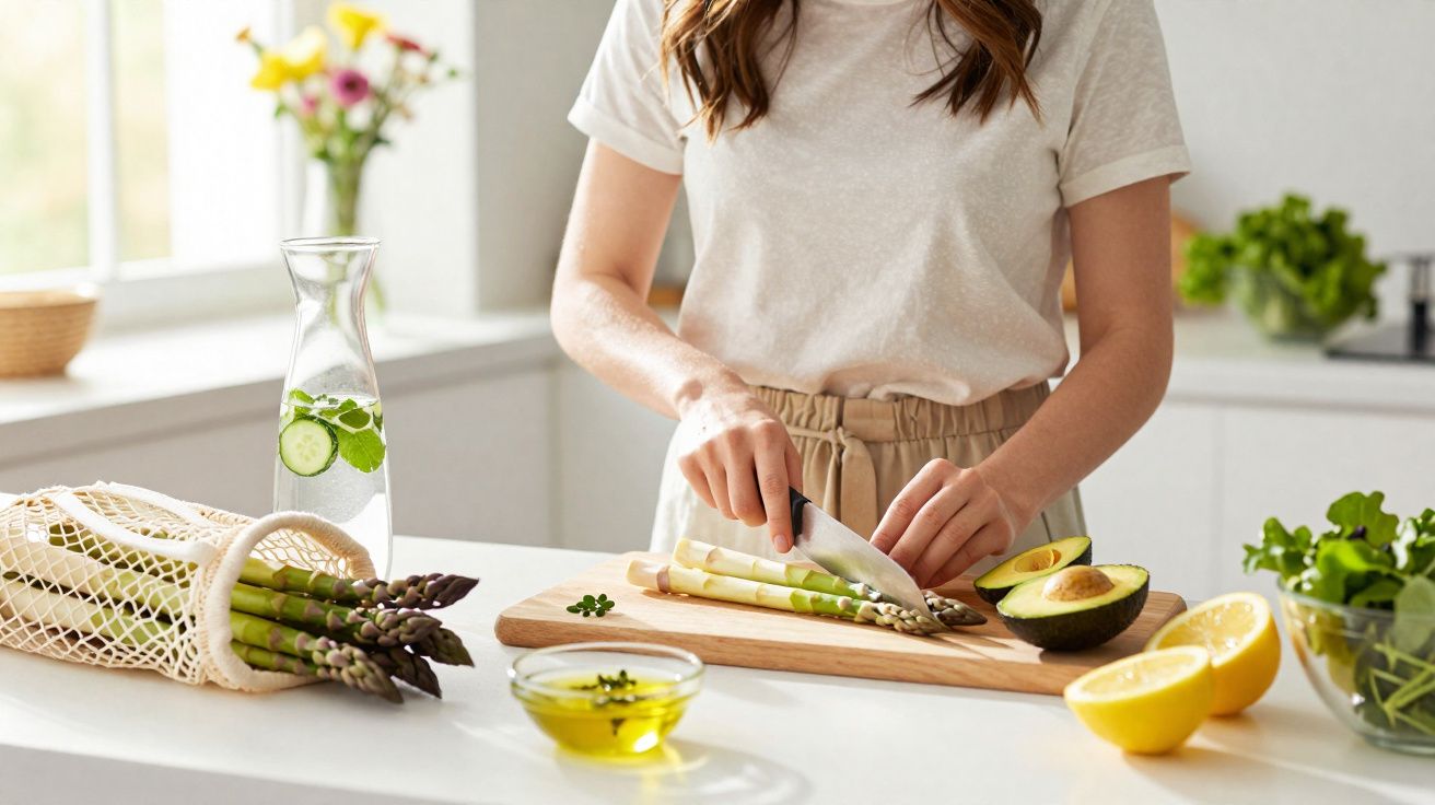 Pessoa cortando aspargos em uma tábua na cozinha com abacate, limão e azeite ao redor.