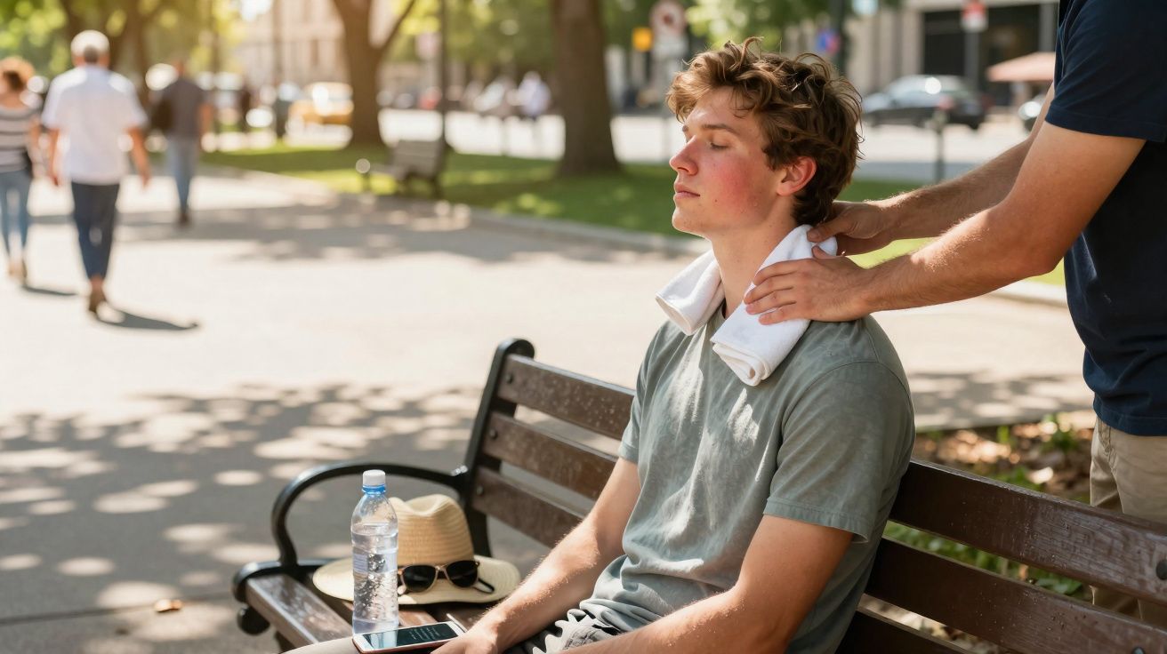 Jovem sentado em banco ao ar livre recebendo massagem no pescoço com toalha nas costas.