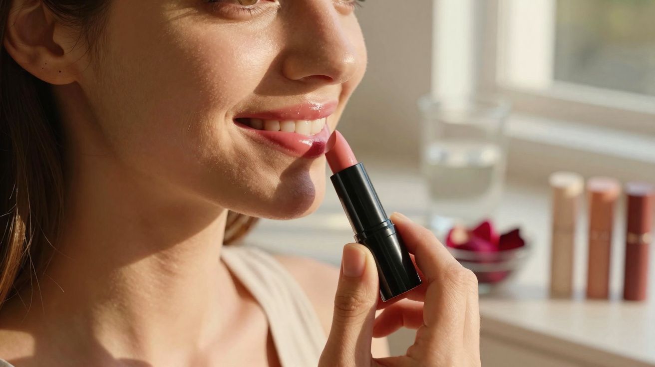Mulher sorrindo aplicando batom rosa claro em ambiente iluminado por luz natural.