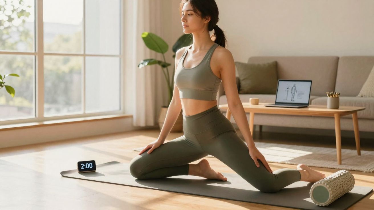 Mulher praticando yoga em tapete na sala iluminada, com rolo de espuma e laptop ao fundo.
