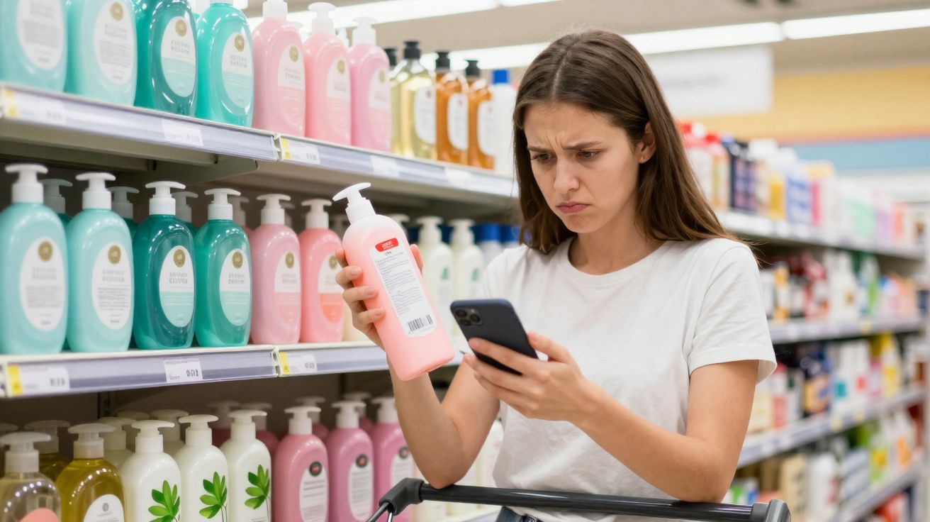 Mulher analisando rótulo de produto rosa enquanto consulta celular no corredor de supermercado.