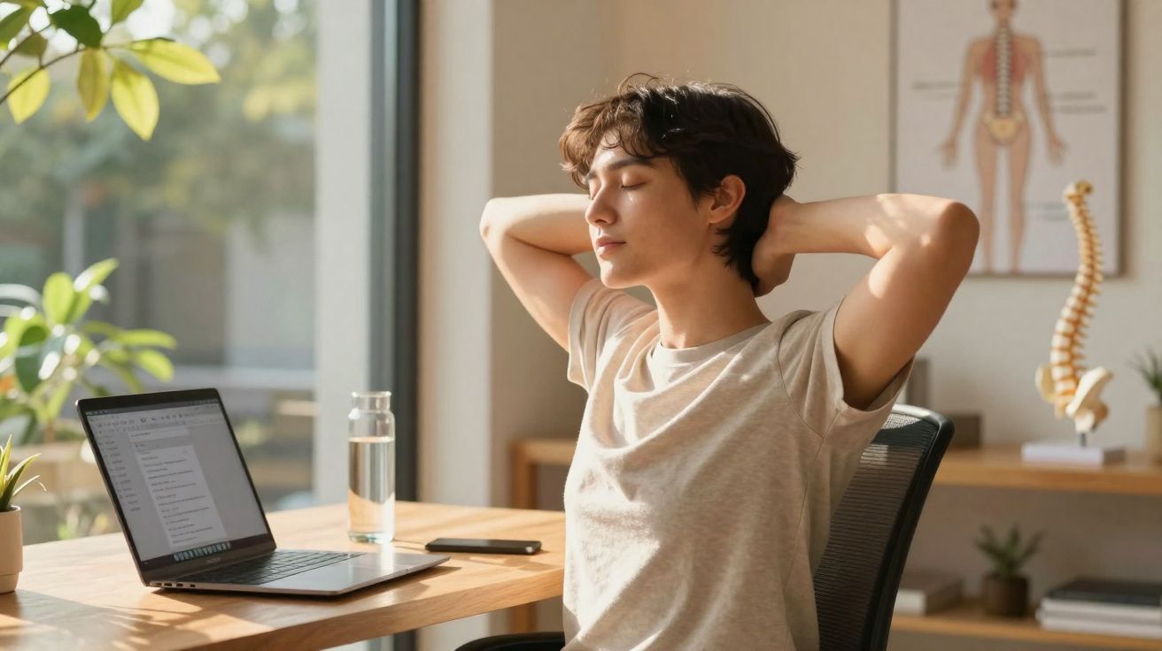 Jovem relaxando com os olhos fechados sentado à mesa com laptop em ambiente iluminado e plantas ao redor.