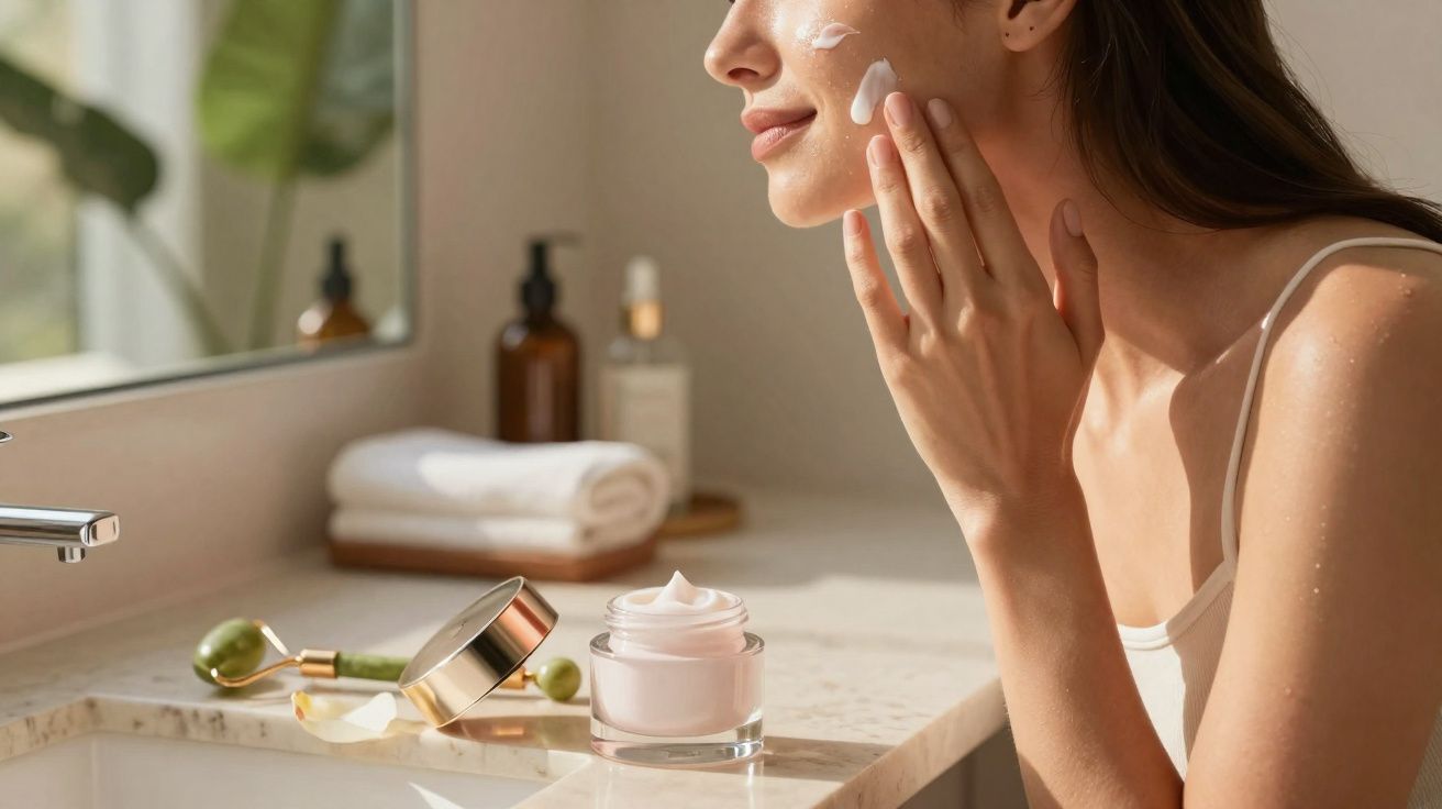 Mulher aplicando creme hidratante no rosto em banheiro com produtos de beleza ao fundo.