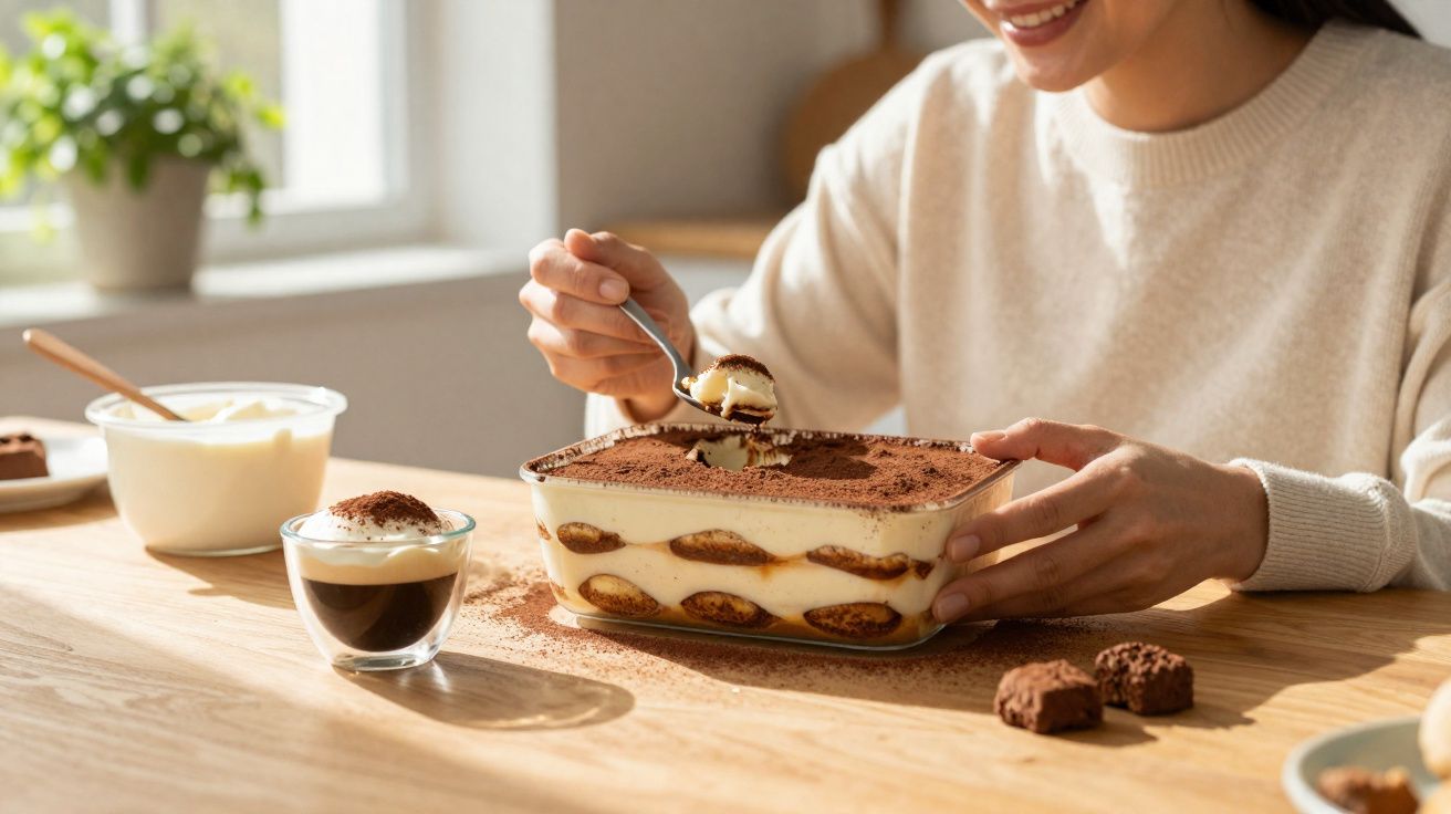Pessoa sorrindo comendo tiramisu em recipiente de vidro na mesa de madeira clara.