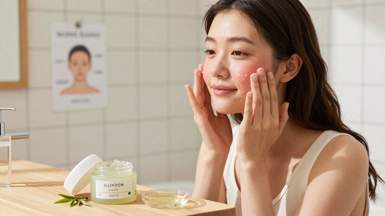 Mulher aplicando creme no rosto em banheiro com pote de hidratante sobre bancada de madeira.