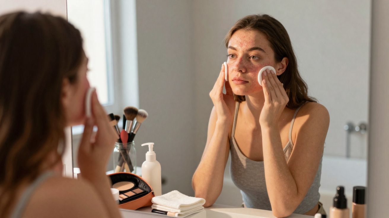 Mulher aplicando loção facial com algodão em frente ao espelho no banheiro iluminado.