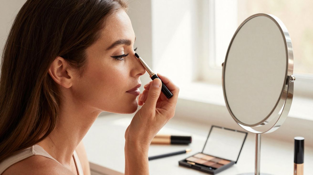 Mulher aplicando maquiagem nos olhos usando pincel de sombra em frente a espelho redondo.