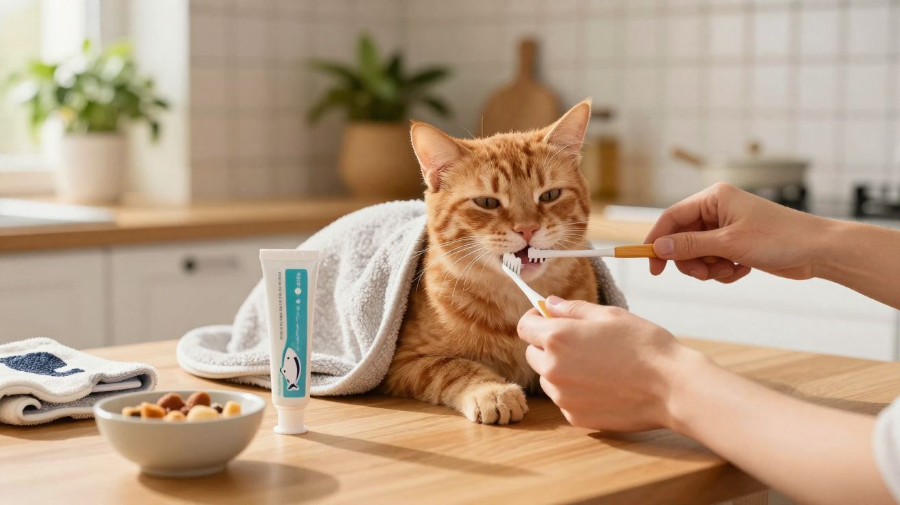 Gato laranja tendo os dentes escovados por uma pessoa na cozinha, com toalha e pasta dental ao lado.