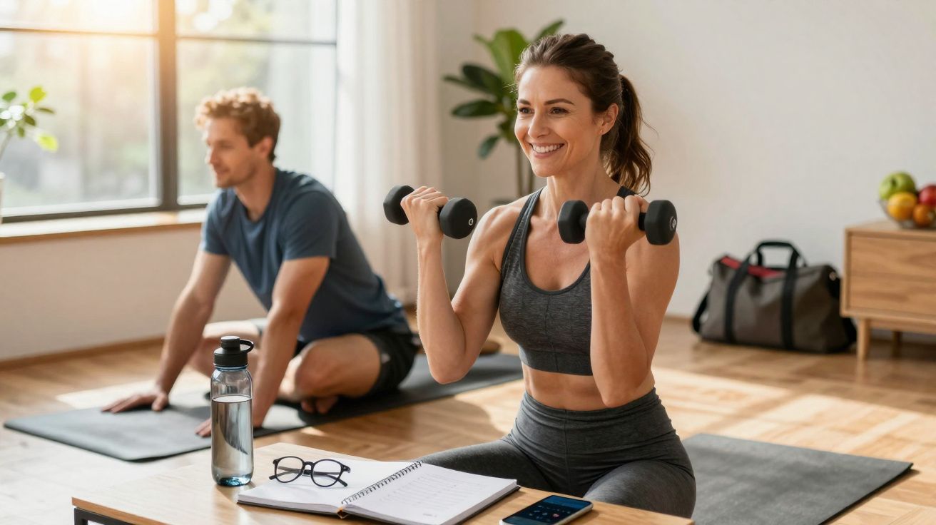 Mulher sorridente fazendo exercícios com halteres em casa, homem ao fundo alongando no tapete.