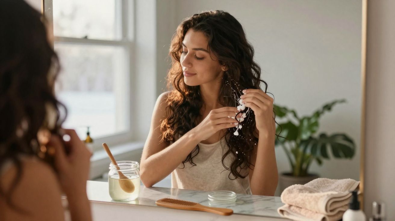 Mulher sorrindo penteia o cabelo com flores em frente ao espelho em um banheiro iluminado.