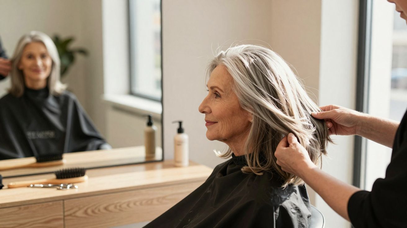 Mulher idosa com cabelo grisalho sendo atendida por cabeleireiro em salão iluminado com espelho ao fundo.