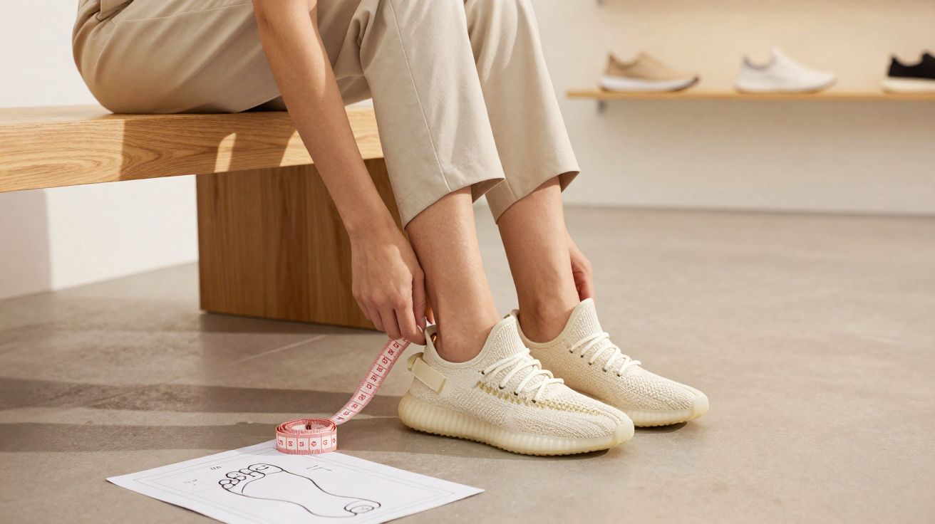 Pessoa medindo os pés com fita métrica e calçando tênis branco em ambiente minimalista.