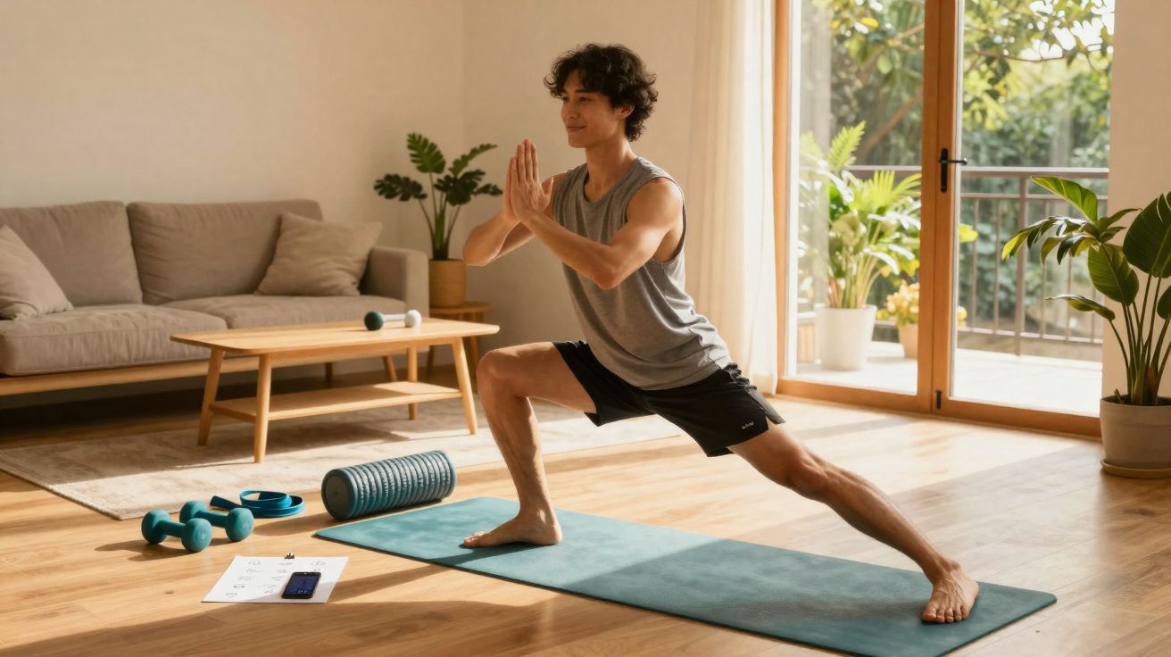Pessoa fazendo alongamento em tapete de yoga em sala iluminada com plantas e equipamentos de exercício ao redor.