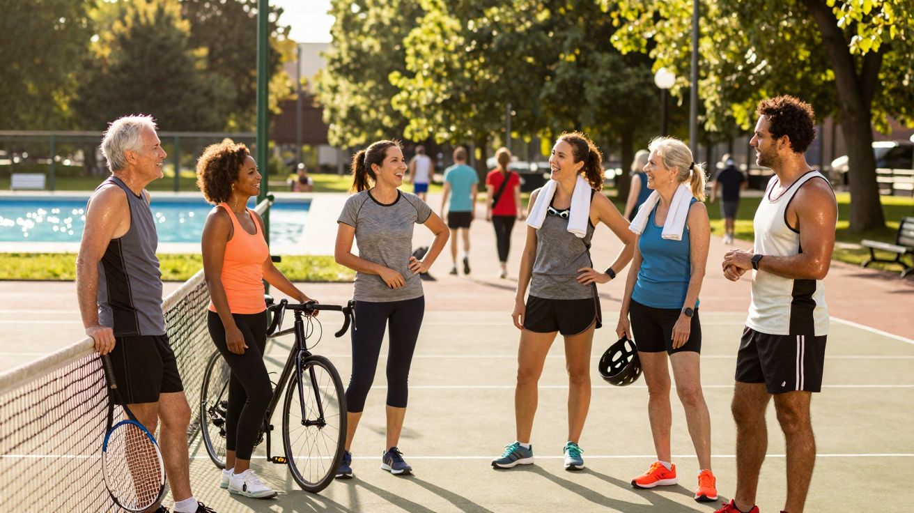 Grupo diverso de seis adultos conversando e sorrindo em quadra esportiva ao ar livre, com bicicleta e equipamentos.