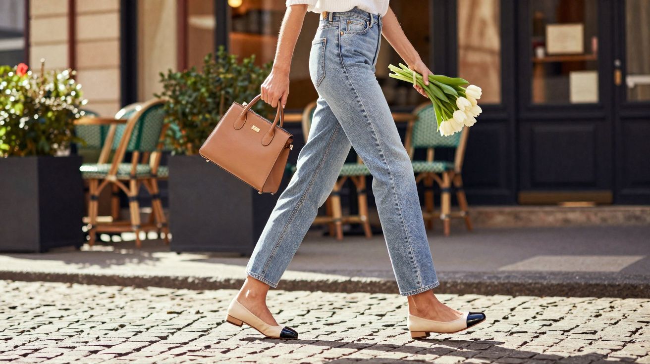 Mulher caminhando na calçada com flores brancas na mão e bolsa marrom em ambiente urbano.