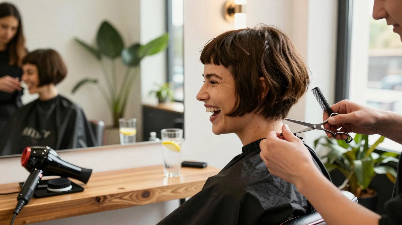 Mulher sorridente cortando cabelo curto em salão moderno com espelho, plantas e secador na bancada.