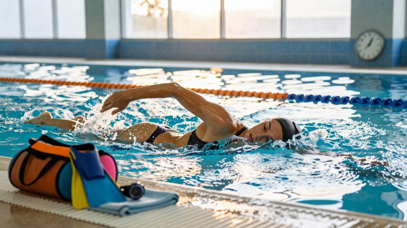 Mulher nadando estilo livre em piscina coberta com acessórios de natação na borda.